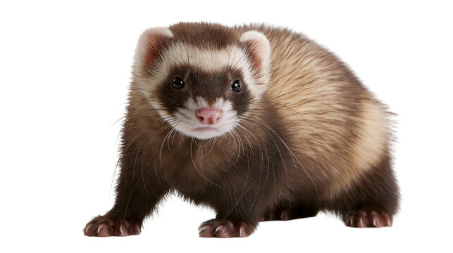Brown and white domestic ferret standing and looking forward
