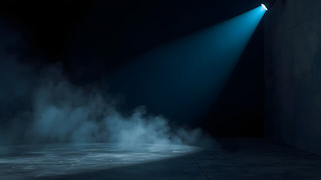Spotlight in Smoke-Filled Room: A dramatic blue spotlight cuts through the darkness of a smoky room, illuminating the floor and creating an atmosphere of mystery and anticipation.