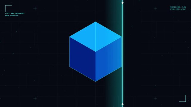 Digital blockchain cube scanned by laser line on dark background
