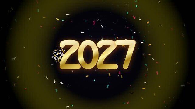 Golden 2027 new year celebration with colorful confetti