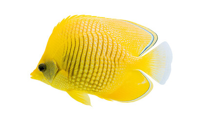 Bright yellow butterflyfish with dark vertical stripes and translucent tail fin © Fraser