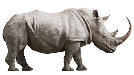 Large grey rhinoceros standing in profile with prominent horn and wrinkled skin © Fraser