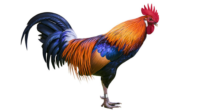 Vibrant male rooster with orange neck feathers and dark blue tail plumage