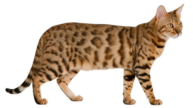 Bengal cat with spotted brown fur standing in profile