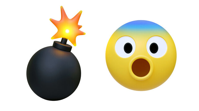 Black spherical bomb with lit fuse and yellow shocked emoji face with blue top
