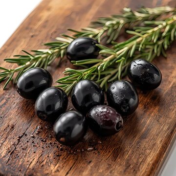 fresh black olives and rosemary sprig on wooden board macro food photography
