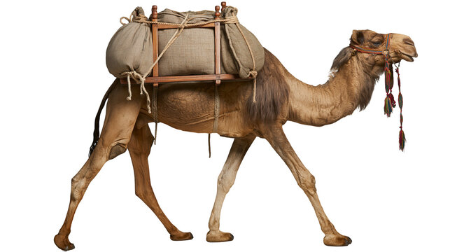 Dromedary camel carrying heavy burlap sacks on a wooden pack saddle