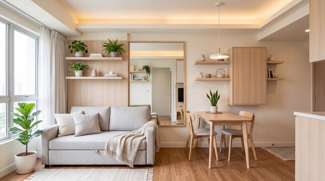 Modern minimalist small apartment interior with grey sofa, wooden dining table, and shelving with plants in a bright, cozy space.