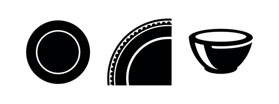 Kitchen Dishware and Bowls Vector Icons Set. Plates and Cups for Food Service.