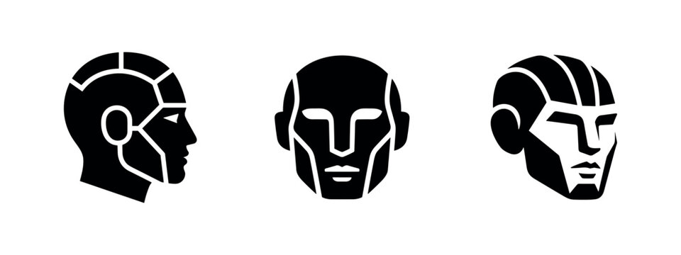 Futuristic Human or Robot Head Icons. Stylized, segmented, and geometric face designs.