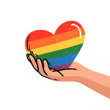 Hand holding a rainbow heart symbolizing love and pride