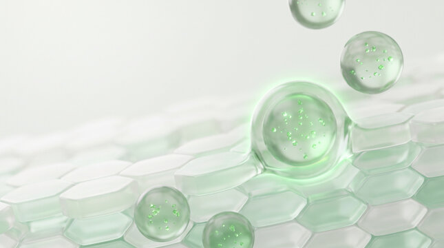 Microscopic 3D render of green centella extract vesicles integrating into the skin barrier, illustrating soothing skincare and restorative cosmetic science.