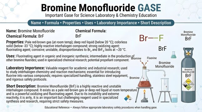 Bromine monofluoride gas educational laboratory reference chart presenting formula BrF, molecular structure, interhalogen properties, fluorination uses, oxidizing behavior, instability, toxicity, and 