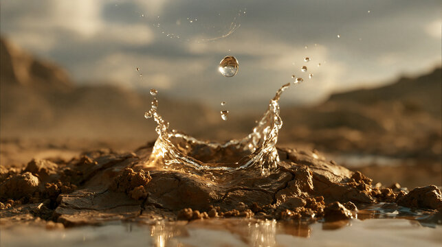 乾燥した地面に落ちる水滴の瞬間を捉えたドラマチックな抽象背景｜Dramatic Abstract Background of Water Droplet Falling on Dry Ground