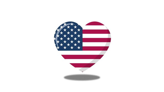 USA flag animated bouncing heart-shaped flag with pulsing shadow loop on 4k white background