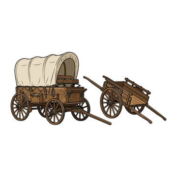 Vintage western covered wagon and old pioneer wooden cart transportation