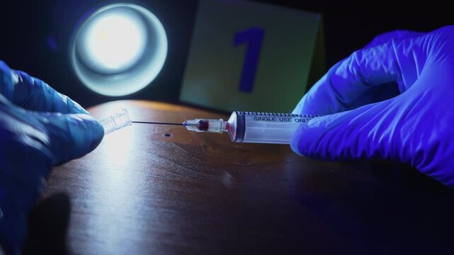 Forensic analysis of a gloved hand capping a bloody syringe, backlit by a direct flashlight shining on the needle near a yellow evidence marker under police lights.