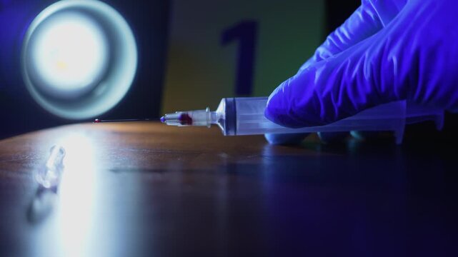 Forensic analysis of a gloved hand lifting a syringe with a bulging blood drop against a flashlight and putting it down beside a yellow evidence marker under police lights, extreme close up.
