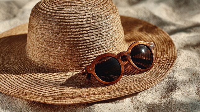 Straw sun hat with wide brim and round wooden frame sunglasses on sandy surface, natural beige woven texture, neutral beach vibe, summer accessory flat lay in soft warm lighting