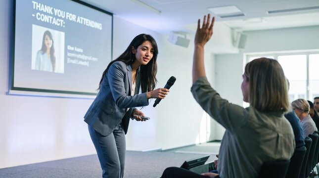 Generative AI, Speaker taking questions from the audience after a conference presentation