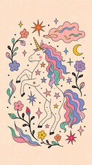 Fototapeta premium Whimsical pastel unicorn wallpaper with stars, flowers, rainbow magic for mobile phone