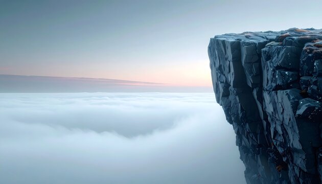 Cliff edge overlooking misty clouds at sunrise
