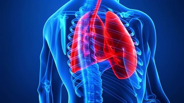 3D Human Respiratory System Anatomy with Glowing Lungs and Rib Cage