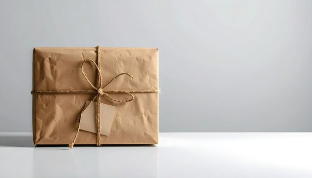 Brown paper parcel with twine bow and blank tag