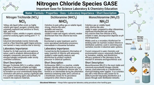 Nitrogen chloride species gas educational laboratory reference poster covering NCl, NCl2, NCl3 and related structures, chloramine chemistry, reactivity, disinfectant byproducts, hazards, and safety gu