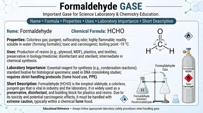 Formaldehyde gas science laboratory reference chart presenting formula HCHO, molecular structure, aldehyde properties, preservation uses, resin production, sterilization roles, irritant toxicity, and 