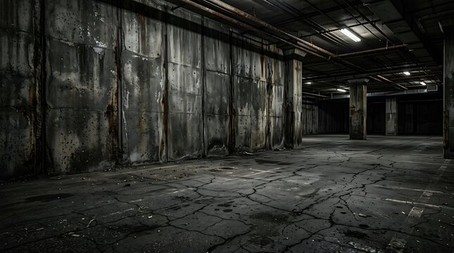 Dark empty interior of an old abandoned industrial warehouse factory with concrete floor