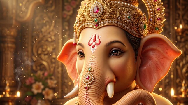 Close up portrait of lord ganesha idol with intricate golden crown and jewelry in a traditional ganesh chaturthi