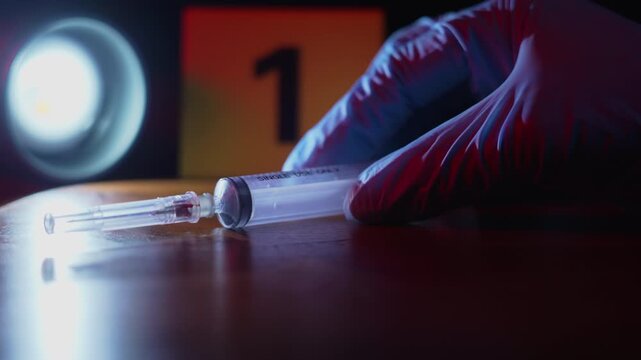 Securing trace evidence, a gloved hand carefully capping a bloody syringe next to a yellow evidence marker on a wooden surface under a flashlight and flashing police lights.