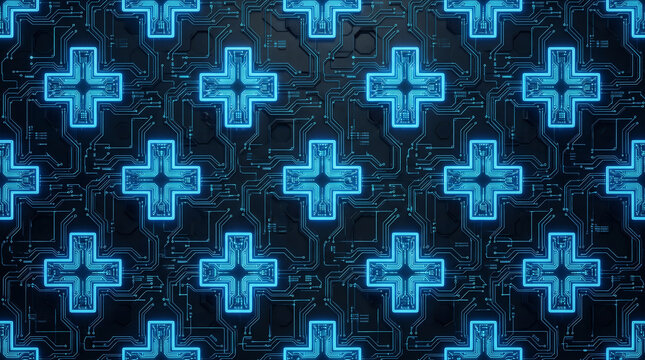 Futuristic digital medical technology background with glowing blue cross icons on a dark microchip circuit board pattern