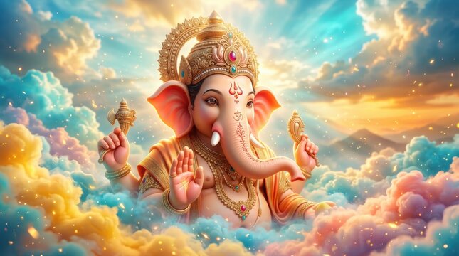 Lord ganesha portrait floating in ethereal colorful clouds with radiant sunbeams and divine golden ganesh chaturthi