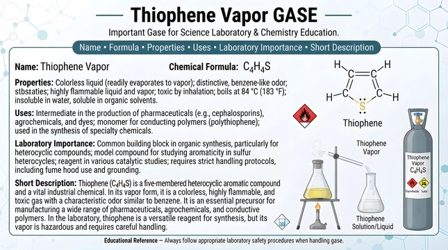Thiophene vapor gas science laboratory reference poster presenting formula C4H4S, sulfur heterocycle structure, aromatic properties, organic synthesis roles, fuel chemistry relevance, hazards, and saf