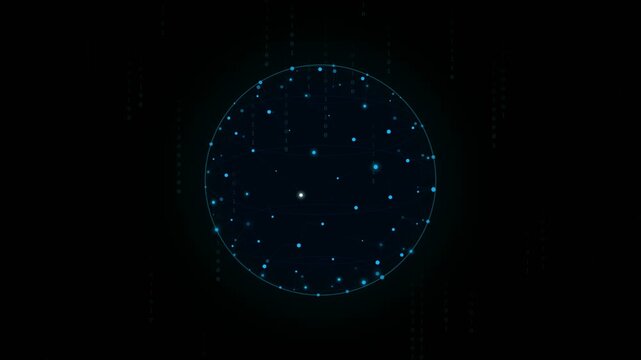 Abstract digital sphere with glowing dots and binary code background