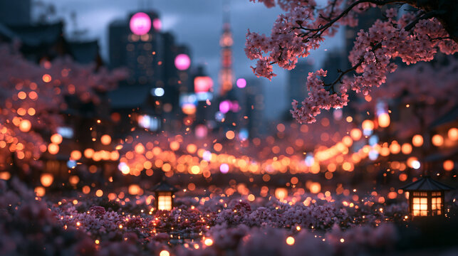 Cherry Blossoms and Glowing Lanterns in Japanese Night City
