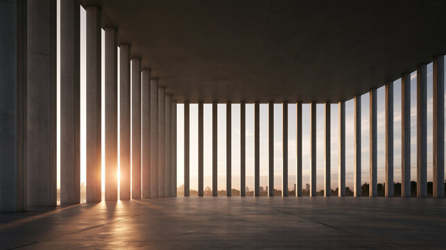 Modern Minimalist Concrete Colonnade with Sunset Sunlight