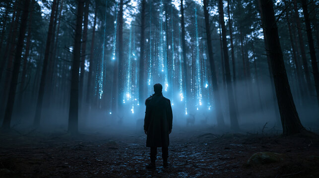 Silhouetted Man in Mystical Forest with Glowing Digital Rain