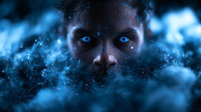 Mysterious Man with Glowing Eyes Emerging from Smoke