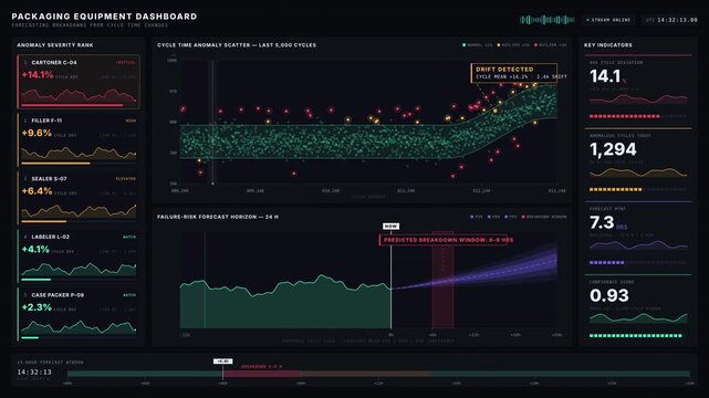 A detailed packaging equipment dashboard visualizes forecasting breakdowns from cycle time changes with anomaly detection and KPI metrics in a professional layout.