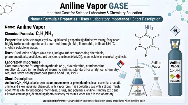  Aniline vapor gas educational laboratory poster showing formula C6H7N, aromatic amine structure, dye synthesis uses, polyurethane intermediates, oily liquid traits, toxicity, and safety notes