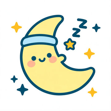 Cute Kawaii Crescent Moon with Sleeping Cap and Stars