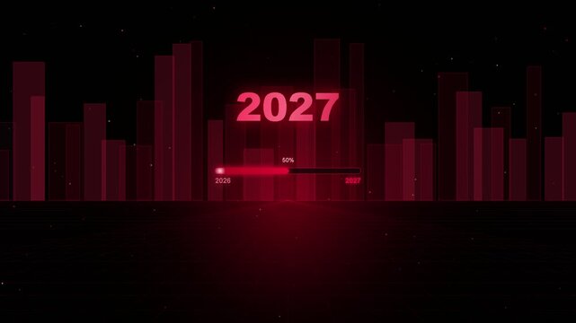 Futuristic digital progress bar loading 2027 with red city skyline