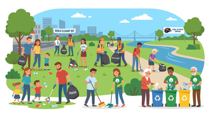 Fototapeta premium Community Cleanup: People collecting trash for World Environment Day in a park.