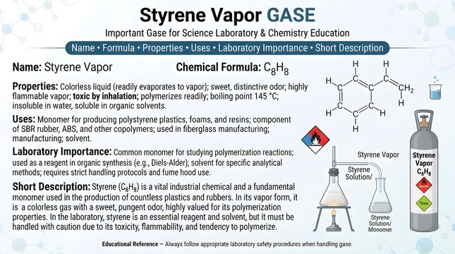 Styrene vapor gas laboratory chemistry reference poster featuring formula C8H8, aromatic vinyl structure, polymer production uses, solvent behavior, flammability hazards, toxicity risks, and safety gu