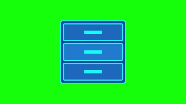 Flat style digital filing cabinet storage animation icon with orange folder detail on green background for data management and office organization visual concepts.