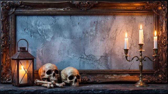 Gothic Halloween skulls and bones with burning candles lantern antique frame and dark grunge wall