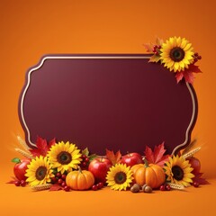 Fototapeta premium Autumn background with blank burgundy sign decorated with sunflowers and pumpkins